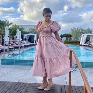 En Saison Poplin Puff-Sleeve Tiered Midi Dress Size XS